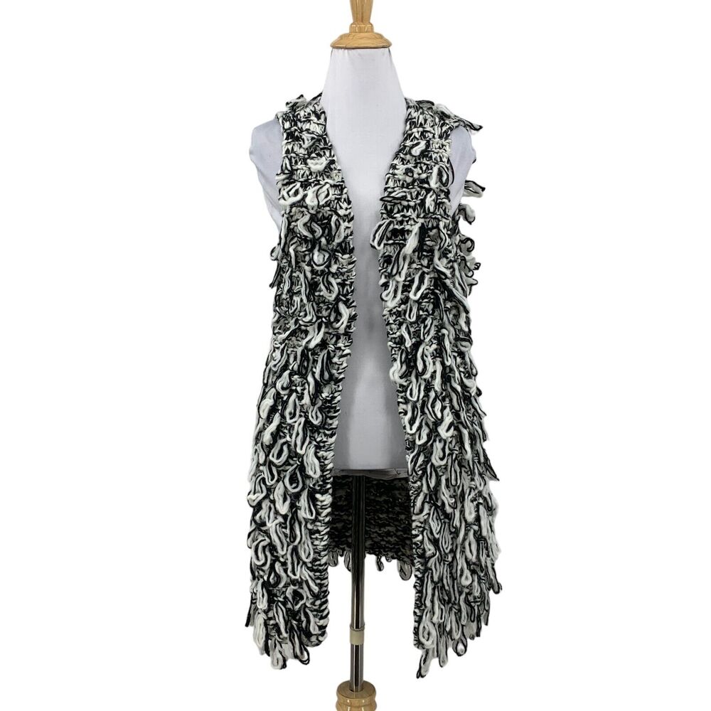 Romeo + Juliet Cardigan Womens M Black White Chunky Knit Open Front Wool Blend